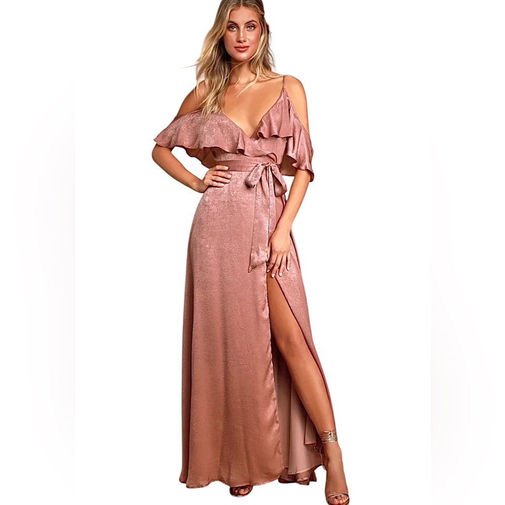 Lulus Moriah Rose Satin Cold Shoulder Wrap Dress Size Small NWT - Picture 3 of 16